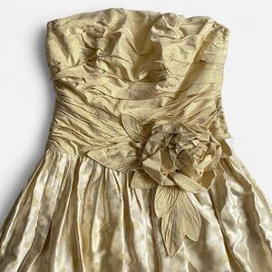 Vintage Suky Rosan gold polka dot floral strapless gown